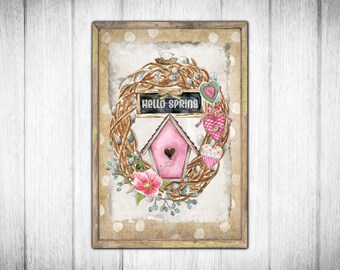 Hello Spring Printable, Spring Wall Art, Rustic Farmhouse, Digital Wall Art, Spring Wreath, Spring Decor, Garden, Birdhouse, Cute Bird Print