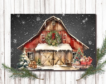 Christmas Barn Print, Rustic Christmas Wall Art, Christmas on the Farm, Digital Download, Farmhouse Christmas Decor, Country Christmas Print