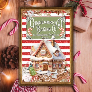 Cute Gingerbread Wall Art, Christmas Gingerbread House, Vintage Christmas Print, Digital Download, Holiday Baking Sign, Kitchen Wall Art