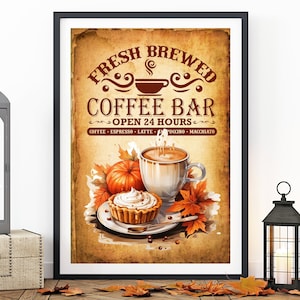 Può includere: Un poster in stile vintage che pubblicizza un bar caffè con il testo "Fresh Brewed Coffee Bar Open 24 Hours" e un elenco di bevande al caffè. Il poster presenta una tazza di caffè con vapore che sale da essa, una zucca e foglie autunnali.