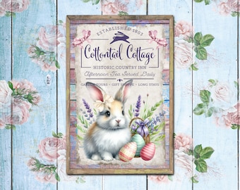 Bunny Wall Art, Easter Bunny Print, Spring Decor, Easter Print, Digital Print, Cottontail Cottage Sign, Vintage Easter Printable, Rabbit Art