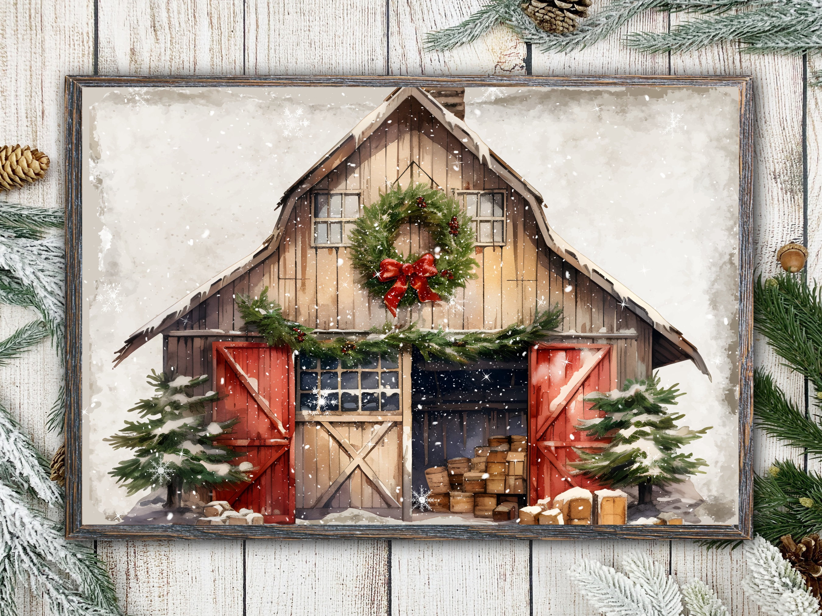 Rustic Barn Printable, Christmas on the Farm, Farmhouse Christmas Print ...