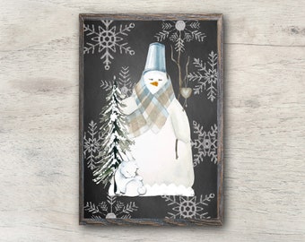 Süßer Schneemann, Winter Wandkunst, Winter Schneemann, Schneemann Druckbare Kunst, Kreidetafel, Schneeflocken, Rustikales Bauernhaus, Let It Snow, Schnee winter