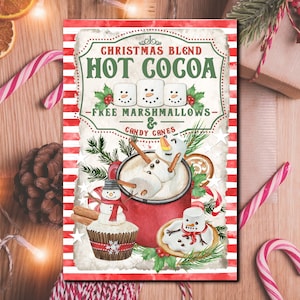 Hot Cocoa Bar Sign, Vintage Christmas, Christmas Kitchen Wall Art, Digital Download, Hot Chocolate, Farmhouse Christmas, Christmas Baking