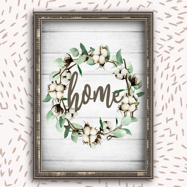 Farmhouse Print | HOME Wreath Print | Cotton Boll Wreath | Rustic Farmhouse | Instant Download | Rustic Wreath | Country Farmhouse Wall Art