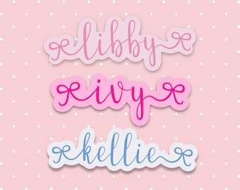Custom Coquette Soft Girl Ribbon Bow Font Water Resistant Name Sticker | Personalized Name Sticker | Birthday Gift | Soft Girl Era Sticker