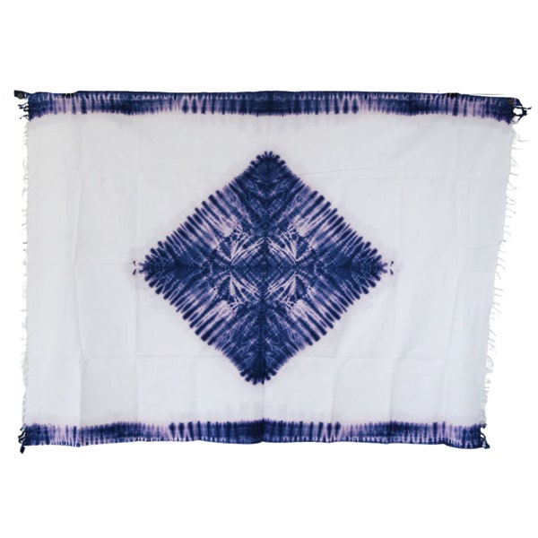 White and Indigo Triangle Fair Trade Traditional African Hand-dyed Fringed Fabric | Tie-Dye Sarong, Shawl, Table Cloth