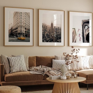 NYC Set of 3 Prints NYC Gallery Wallart Beige Manhattan Skyscraper Print Classic Empire State Building Iconic Yellow Taxi NYC Street Photo