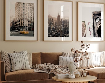 NYC Set of 3 Prints NYC Gallery Wallart Beige Manhattan Skyscraper Print Classic Empire State Building Iconic Yellow Taxi NYC Street Photo