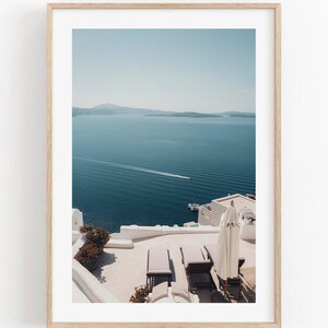 Santorini Wall Print, Framed Mediterranean Sea Coastal Art, Large Greece Photography Print, Santorini Artwork, Ocean Boat Photography