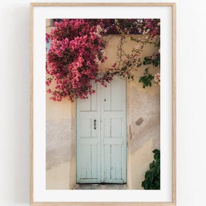 Bougainvillea Print, Floral Greek Photo, Spring Mediterranean Santorini Wall Print, Greece Blue Door Pink Flower, Greece Photography