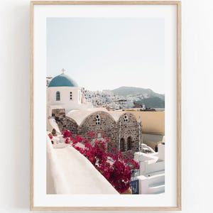 Framed Greece Photography, Bougainvillea Print, Oia Santorini Blue Dome Picture, Greek Church Wall Print, Pink Flowers Mediterranean Photo