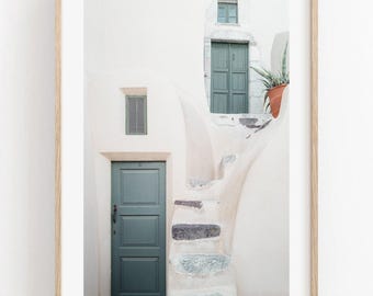 Two Greek Green Doors Print, Santorini Greece Photography, Greek Island Village Print, Greek Street Photo, Large Greece Travel Photography