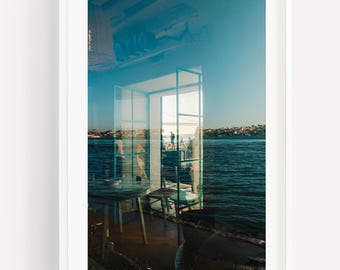 Almada Lisbon Teal Ocean, Large Framed Coastal House Photography Print, Fine Art Portugal Ocean Side Photo, Abstract Street Photography