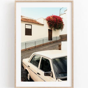 Spain Classic Car Bougainvillea Wall Art Print, Tenerife Photography Print, Europe Old Car Street Photography, Framed Floral Car Photography