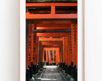 May include: A framed vertical wall art print featuring a perspective view of a path lined with vibrant orange torii gates. Each pillar is adorned with black Japanese kanji characters, creating a repetitive tunnel effect leading toward a bright opening.