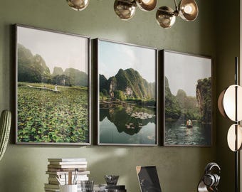 May include: A home office setup featuring a wooden desk with a laptop, a stack of books, and a pen holder. Three framed landscape prints hang on an olive green wall above the desk. A tall cactus, a green office chair, and a modern light fixture.