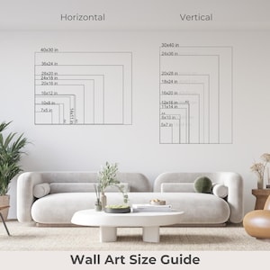 a wall art size guide for different wall art styles, including a horizontal and vertical guide. The guide provides measurements for various wall art sizes, such as 40x30, 30x40, and 20x24, along with corresponding images for each size.