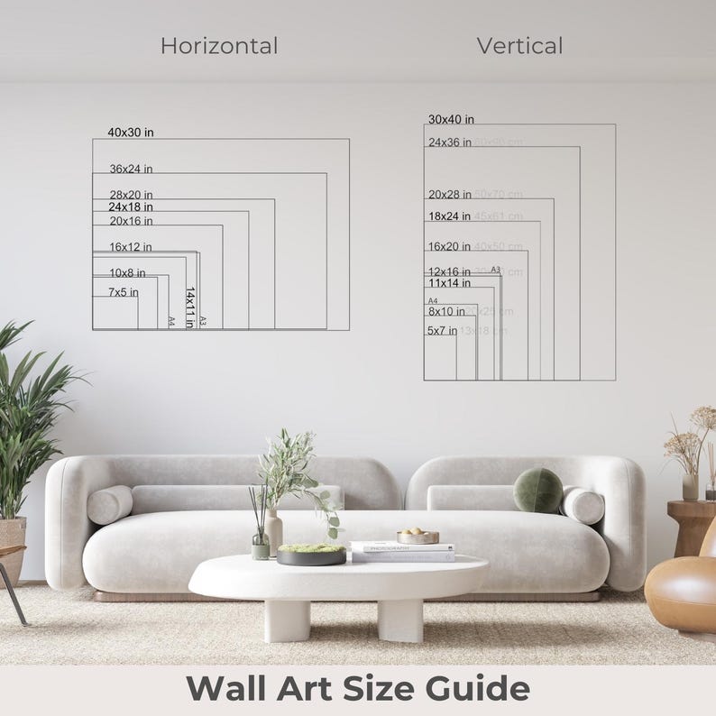 a wall art size guide for different wall art styles, including a horizontal and vertical guide. The guide provides measurements for various wall art sizes, such as 40x30, 30x40, and 20x24, along with corresponding images for each size.
