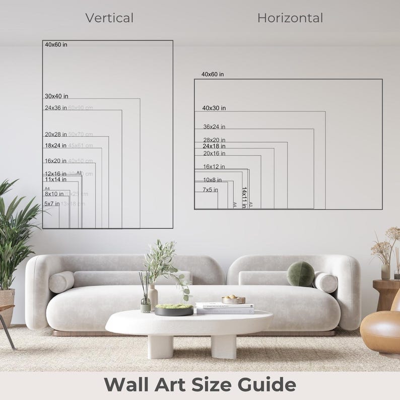 The image is a wall art size guide, showing the dimensions of various wall art pieces in both vertical and horizontal orientations.