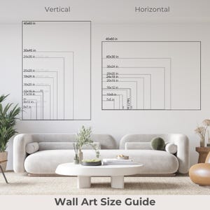 The image is a wall art size guide, showing the dimensions of various wall art pieces in both vertical and horizontal orientations.