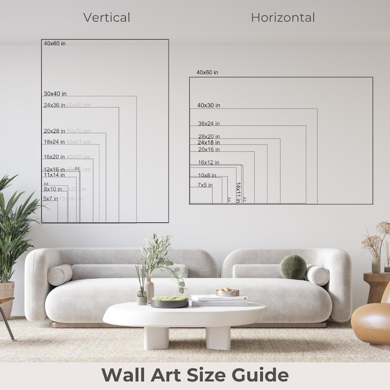The image is a wall art size guide, showing the dimensions of various wall art pieces in both vertical and horizontal orientations.