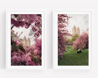 Cherry Blossoms Photography Wall Art, Set of 2, NYC Central Park, Pink Flowers Prints
