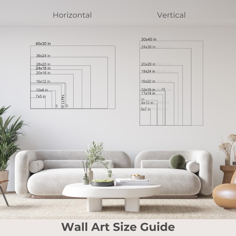 a wall art size guide for different wall art styles, including a horizontal and vertical guide. The guide provides measurements for various wall art sizes, such as 40x30, 30x40, and 20x24, along with corresponding images for each size.