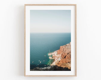 Rocky Cliff Santorini Ocean Print, Europe Ocean Boats Coastal Beach Travel, Mediterranean Shore Photography, Santorini Horizon Views