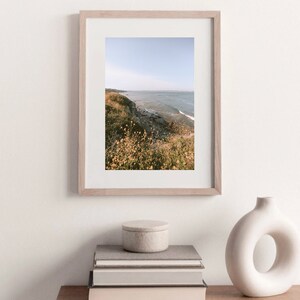 May include: A framed photograph of a coastal landscape with a rocky shoreline, blue water, and green grass with yellow wildflowers. The frame is light wood with a white mat.