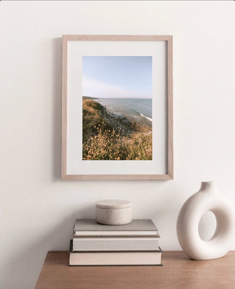 May include: A framed photograph of a coastal landscape with a rocky shoreline, blue water, and green grass with yellow wildflowers. The frame is light wood with a white mat.