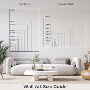 The image is a wall art size guide, showing the dimensions of various wall art pieces in both vertical and horizontal orientations.