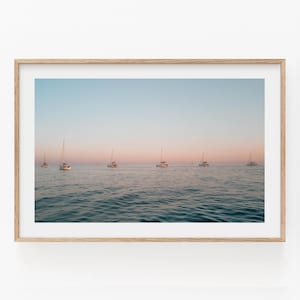 Santorini Pink Ocean Sunset Sailboat Photography, Greece Coastal Posters, Mediterranean Sea Yacht Photo, Colorful Sail Boat Peach Sunset Art