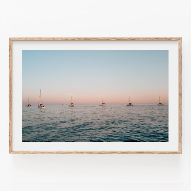 Sunset Sailboat Photography Wall Art: Santorini Print, Greece Coastal Home Decor image 1