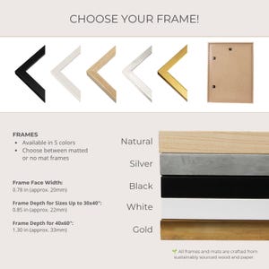 a variety of framed artworks, each with different frame colors and sizes, as well as a natural wood frame.