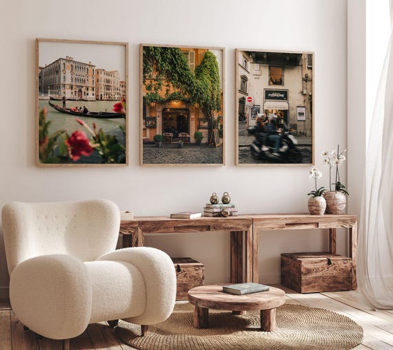 Italian Prints Set of 3 Wall Art Earthy Tone Print Set Rome Photography Florence Street Print Venice Gondola Print Floral Photography Europe