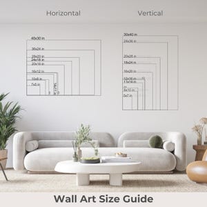 a wall art size guide for different wall art styles, including a horizontal and vertical guide. The guide provides measurements for various wall art sizes, such as 40x30, 30x40, and 20x24, along with corresponding images for each size.