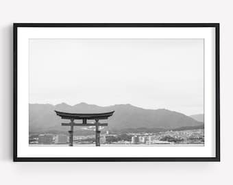 Black and White Torii Gate, Miyajima Hiroshima, Japanese Shrine, Minimalist Decor, Frame Large Wall Art, Fine Art Print, Calming Zen Poster