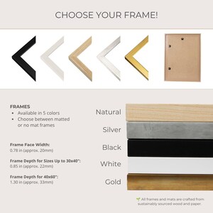 a variety of framed artworks, each with different frame colors and sizes, as well as a natural wood frame.