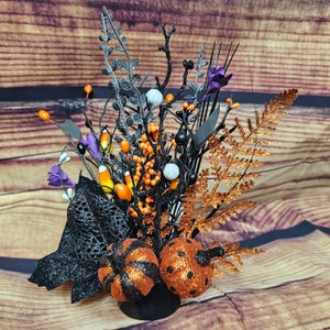 Halloween Pumpkin and Candy Corn Bottle/Candle Holder, Halloween Floral and Glittery Orange and Black Pumpkin Home Décor