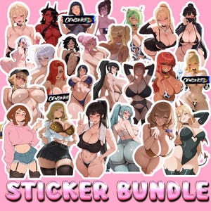 May include: A sticker bundle featuring various anime-style illustrations of female characters in diverse poses and outfits. The stickers have a pink border and the text "STICKER BUNDLE" at the bottom.