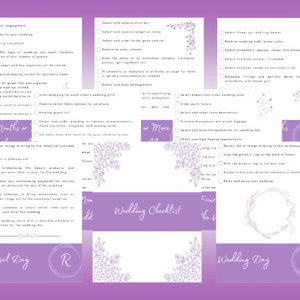 May include: A purple checklist for wedding planning with a floral design. The checklist is divided into three sections: Nine Months or More, Rehearsal Day, and Wedding Day. Each section has a list of tasks to complete.