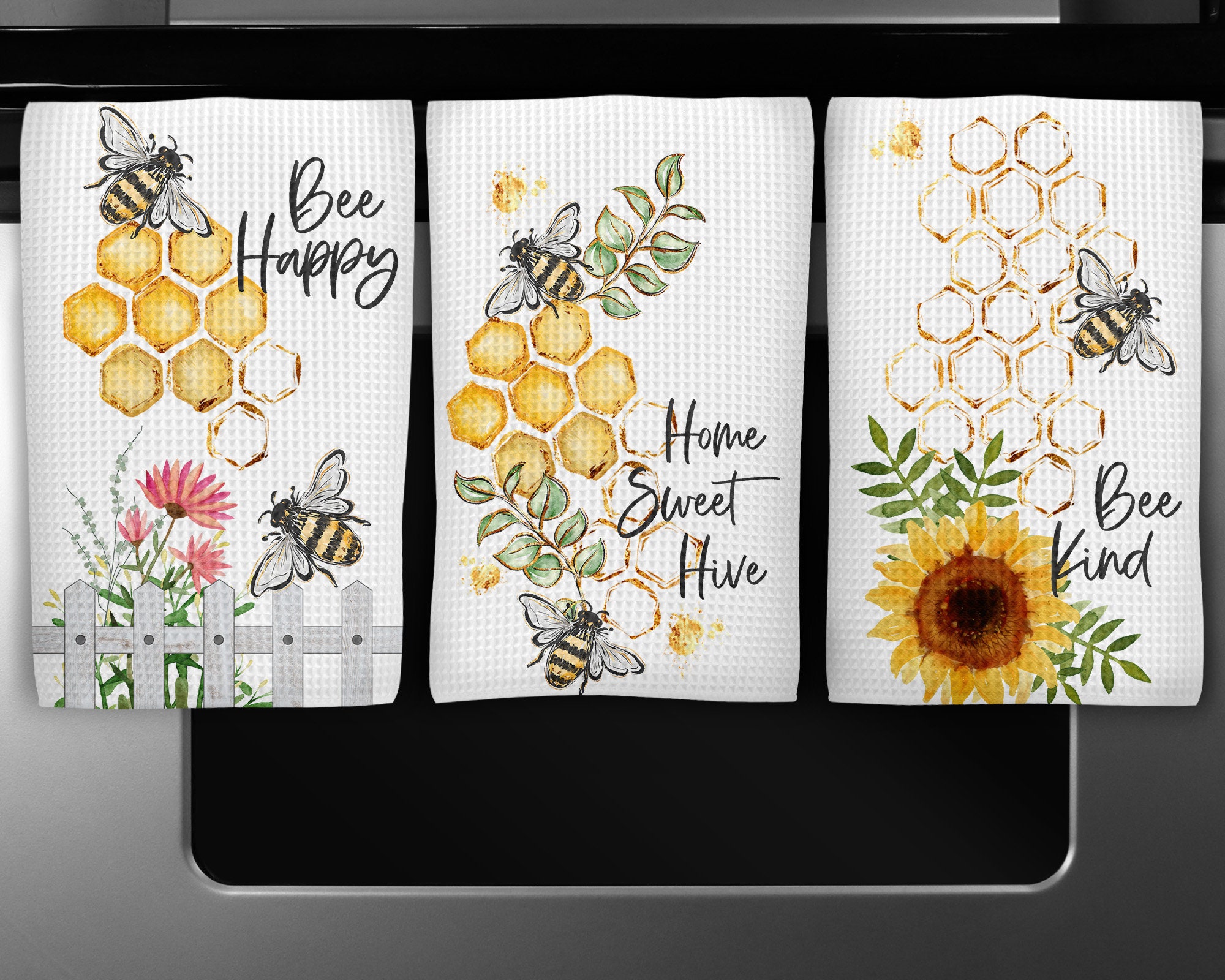 REDUCED CLEARANCE Hanging Kitchen Towels, Bee Happy, Kitchen Décor, Set of  2, Ready to Ship 