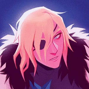 May include: Digital artwork of a person with long, light blonde hair and a black eyepatch. The person is wearing a dark blue outfit with a black fur collar. The background is a gradient of blue and purple.