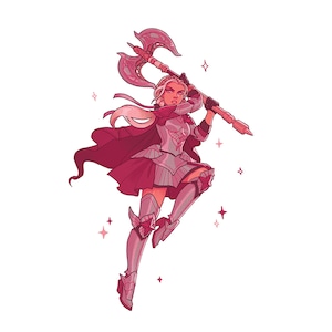 May include: A female warrior in pink armor with a flowing red cape, wielding a large double-headed axe. She is leaping through the air with a determined expression, surrounded by small pink stars.
