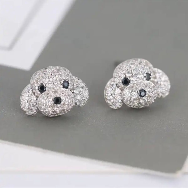 Cute Full Rhinestone Crystal Exquisite Puppy Dog Silver Animal Stud Earrings