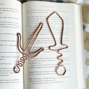 May include: An open book with a copper wire bookmark. The book is open to a page with text about a band called "The Six" and the band member Daisy Jones. The text discusses the band's name and billing.