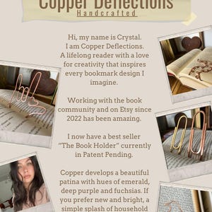 May include: Copper Deflections handcrafted bookmarks. The image shows a copper bookmark shaped like a hand holding a heart, a copper bookmark shaped like a penguin holding a heart, and a copper bookmark shaped like a book holder. The text "Copper Deflections Handcrafted" is at the top of the image.