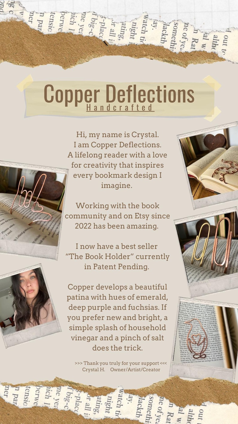 May include: Copper Deflections handcrafted bookmarks. The image shows a copper bookmark shaped like a hand holding a heart, a copper bookmark shaped like a penguin holding a heart, and a copper bookmark shaped like a book holder. The text "Copper Deflections Handcrafted" is at the top of the image.