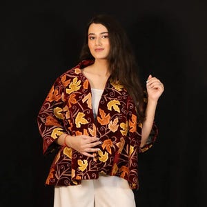 Embroidered Maple Leaf Velvet Swing Jacket, Bohemian Flared Coat, Maroon